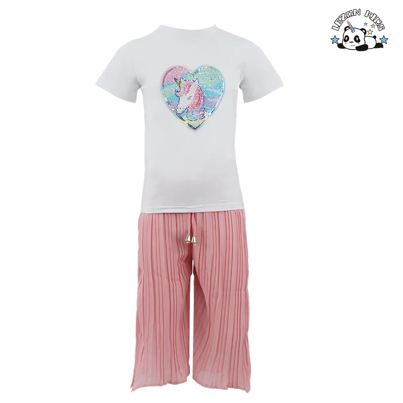 LEZONKIDS - Kids Clothing Girls Cotton Sequined Patch T-shirt Ruffle Elastic Waist Trouser Customized Girls Clothing Sets